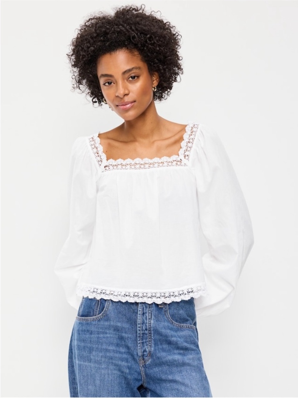Old Navy Women's White Lace-Trim Boho Square Neck Top